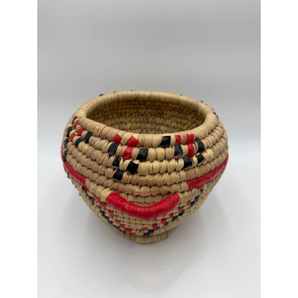 Handmade Woven Coiled Basket Red Black Geometric Pattern with Handles